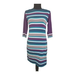 FRENCH CONNECTION bodycon fitted striped mini dress teal, purple & white size 8